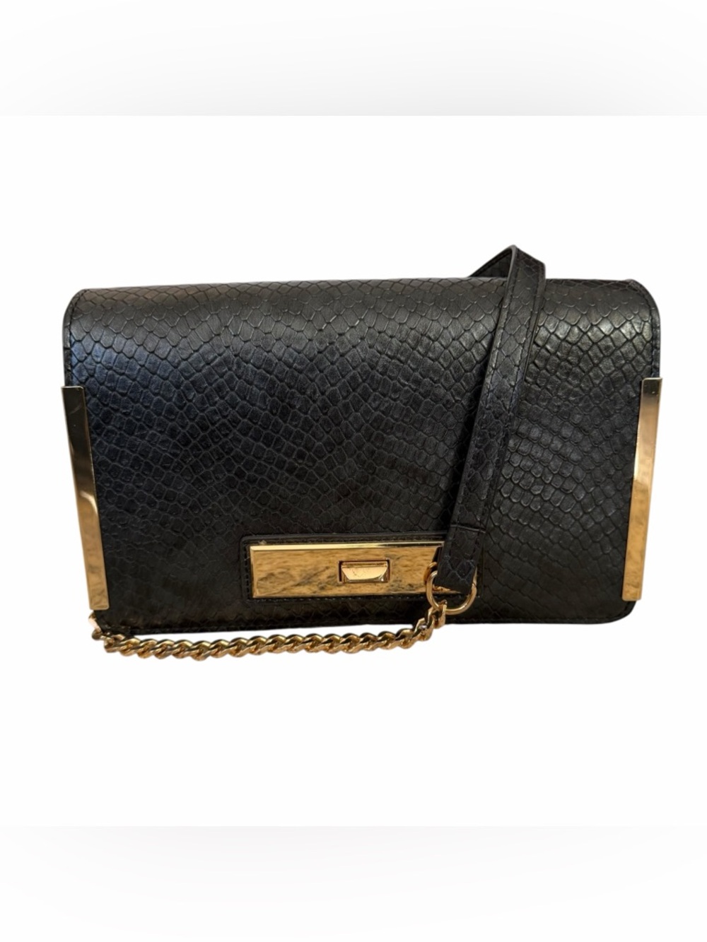Madison West Black & Gold Shoulder Flap Turnlock Purse